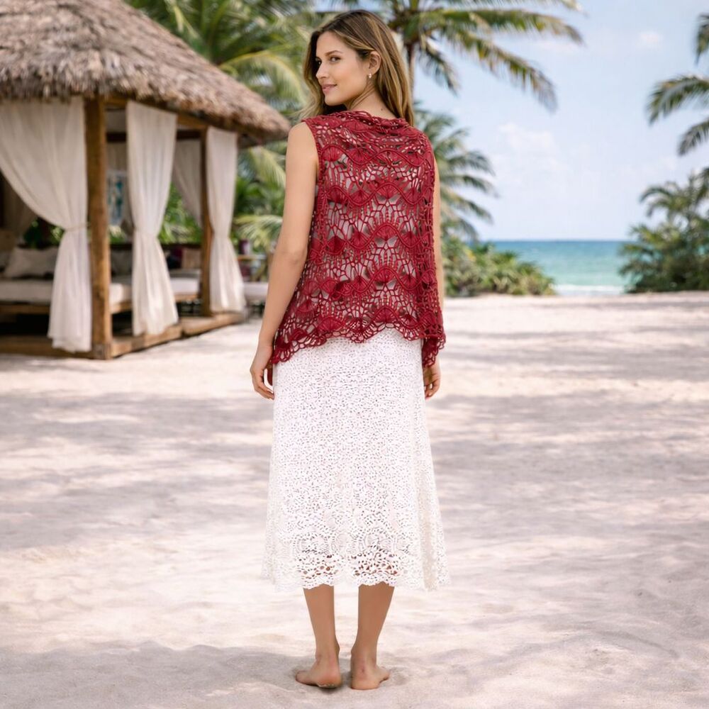 Kaktus Red Open Knit Crochet Kimono S/M Shrug Vest Top Boho Beach Resort